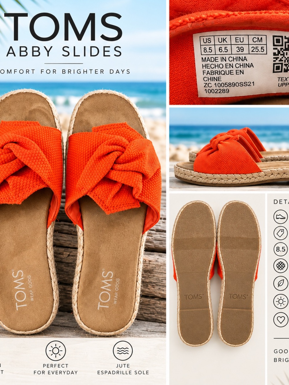 TOMS Orange Knotted Abby Espadrille Slides